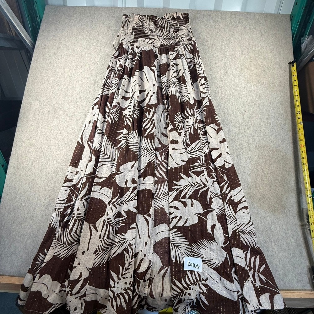 Venus Tropical Monstera Leaf Smocked Maxi Skirt Brown Gold Metallic Size 10